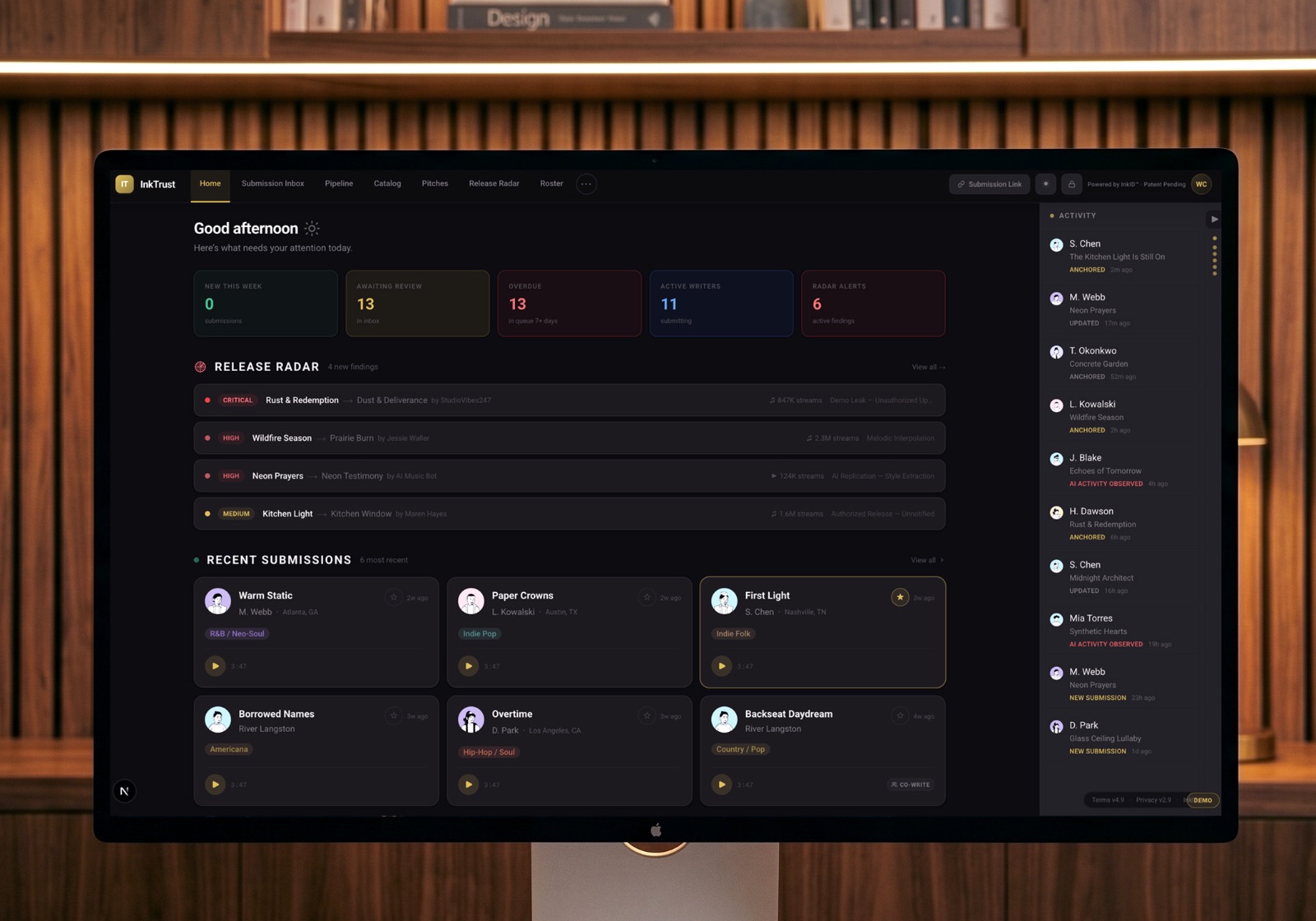 The InkTrust home dashboard on a desktop display — counters for new submissions, awaiting review, overdue, active writers, and radar alerts; the Release Radar list and a grid of recent submissions for Pacific Northwest Music Publishing, LLC.