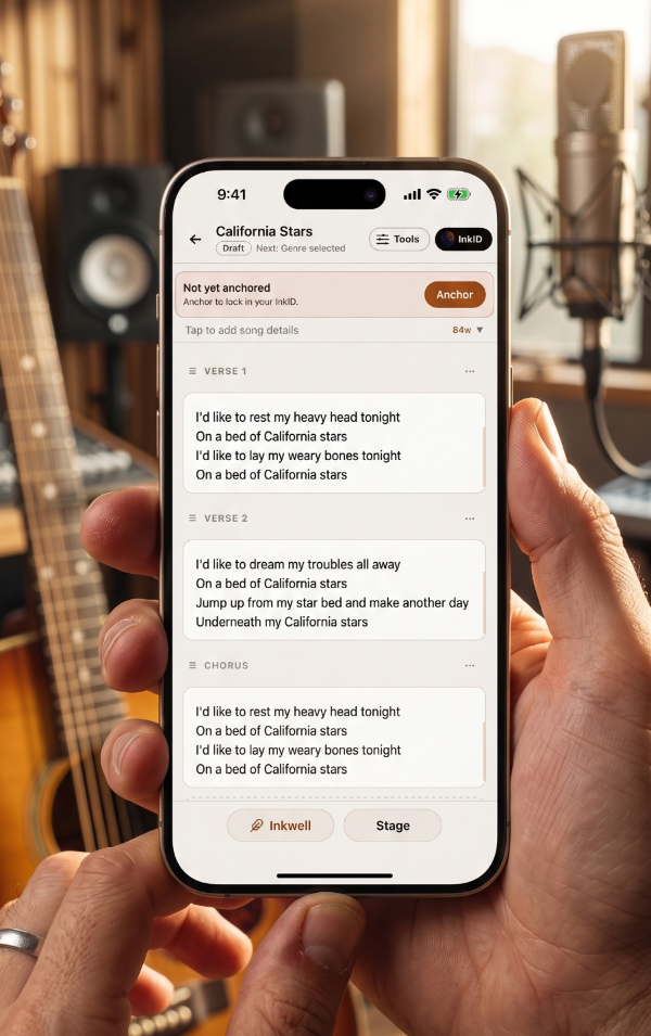 InkWave running on iPhone in a recording studio — California Stars draft with Verse 1, Verse 2, and Chorus blocks; a clay Anchor button sits in a 'Not yet anchored' banner. Hands hold the device; a guitar and studio mic are visible in the background.