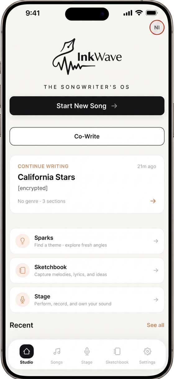 InkWave iOS home screen — the Songwriter's OS, with Start New Song, Co-Write, Continue Writing card, and Studio/Songs/Stage/Sketchbook/Settings tab bar